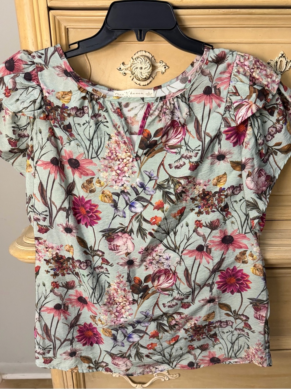 Floral Print Short Sleeve Top - Mint with Pink & Purple Flowers